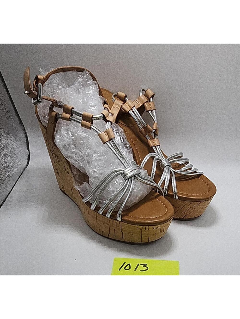 Coach Women's Strappy Wedge Sandals Leather Tan/Silver Buckle Ankle Strap 7.5